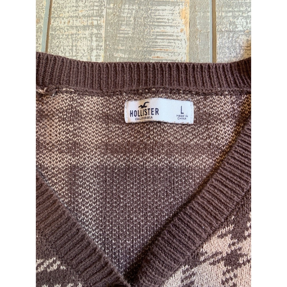 Hollister Brown Plaid Cropped Cardigan Sweater Large V-Neck Button Up Women's - Picture 4 of 7